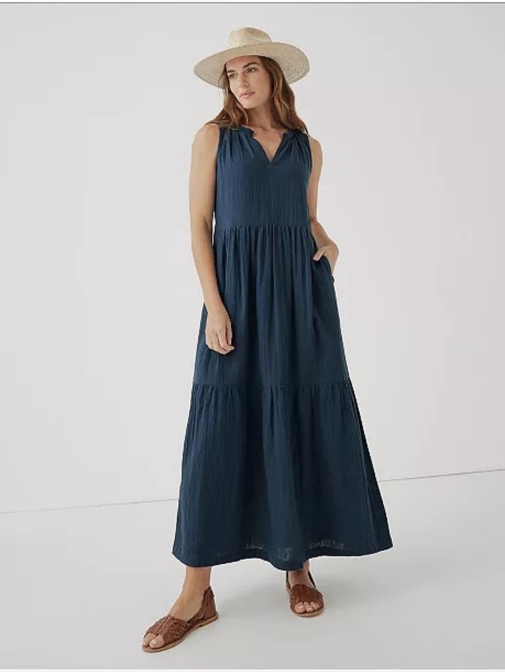 Pact Navy Sleeveless Organic Cotton Ruffle Tiered Maxi Dress XL